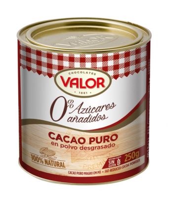 Cacao puro en polvo desgrasado 0% azúcares Valor 250 gr.