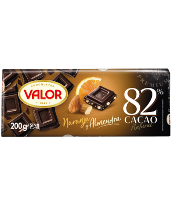 Chocolate 82% negro con naranja y almendras Valor 200 gr.