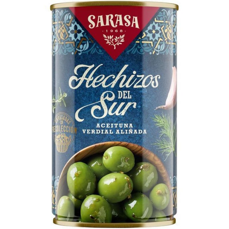 Aceitunas verdes partidas aliñadas Los Hechizos del Sur Sarasa 2,5 Kg.